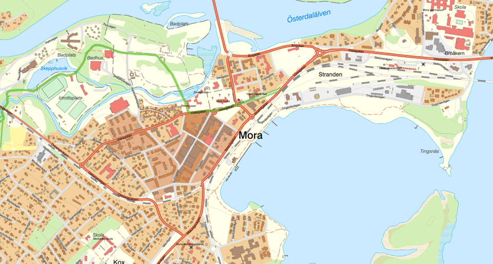 Kartbild över centrala Mora. Hämtat från karta.morakommun.se